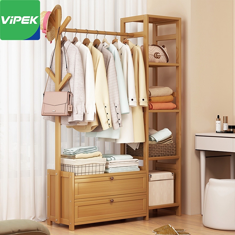 Vipek ราวแขวนผ้าไม้ ราวแขวนผ้าพร้อมลิ้นชัก ราวไม้แขวนผ้า วางไว้ในห้องนอน ชั้นแขวนเสื้อ ใช้ในคอนโด ประหยัดพื้นที่ พร้อมส่ง