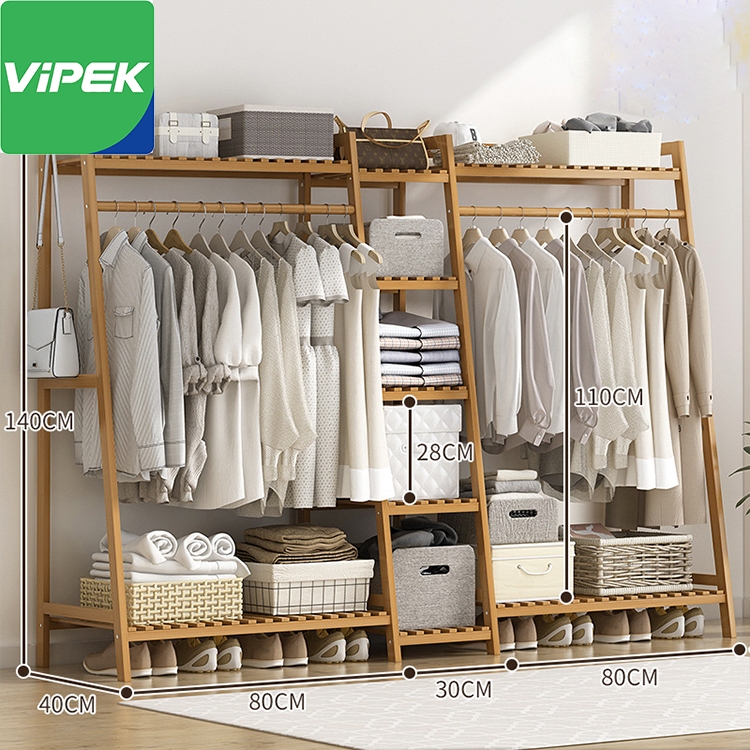 Vipek ราวแขวนผ้าไม้ ราวแขวนผ้าพร้อมชั้นวาง ผลิตภัณฑ์ที่ทำจากไม้ไผ่คุณภาพสูง ราวแขวนเสื้อผ้า เเข็งเเรง สามารถประกอบเองได้ง่ายๆ
