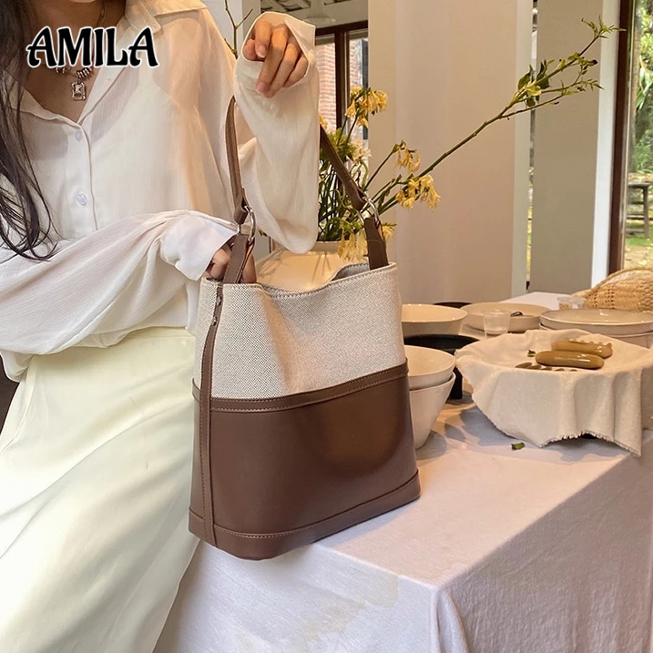 Amila กระเป๋าสะพายข้าง กระเป๋าถือ ทรงบักเก็ต ความจุสูง สไตล์เกาหลี เรียบง่าย แฟชั่นสําหรับผู้หญิง