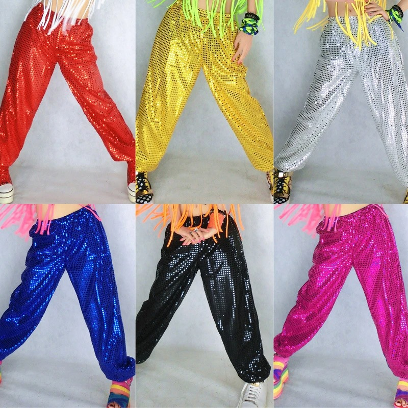กางเกงเต้นแจ๊ส ประดับเลื่อม สีเงิน สีทอง แวววาว สไตล์ฮิปฮอป สําหรับผู้ใหญ่