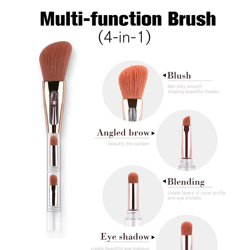 4 in 1 แปรงแต่งหน้า อเนกประสงค์ แบบพกพา แป้งบรัส บลัชออน แปรงเขียนคิ้ว มุมเอียง แปรงเบลนด์ แปรงอายแชโดว์