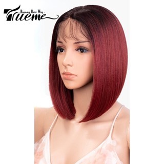 Trueme วิกผมสั้นตรง แต่งลูกไม้ สีดํา สําหรับผู้หญิง คอสเพลย์