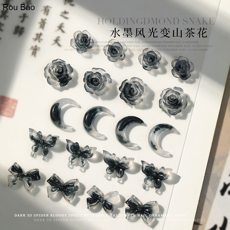 Rou Bao อุปกรณ์ตกแต่งเล็บ หมึกเรซิ่น ลายดอกคามิเลีย โบว์ 3D เปลี่ยนสีได้ DIY สําหรับตกแต่งเล็บ 50 ชิ้น