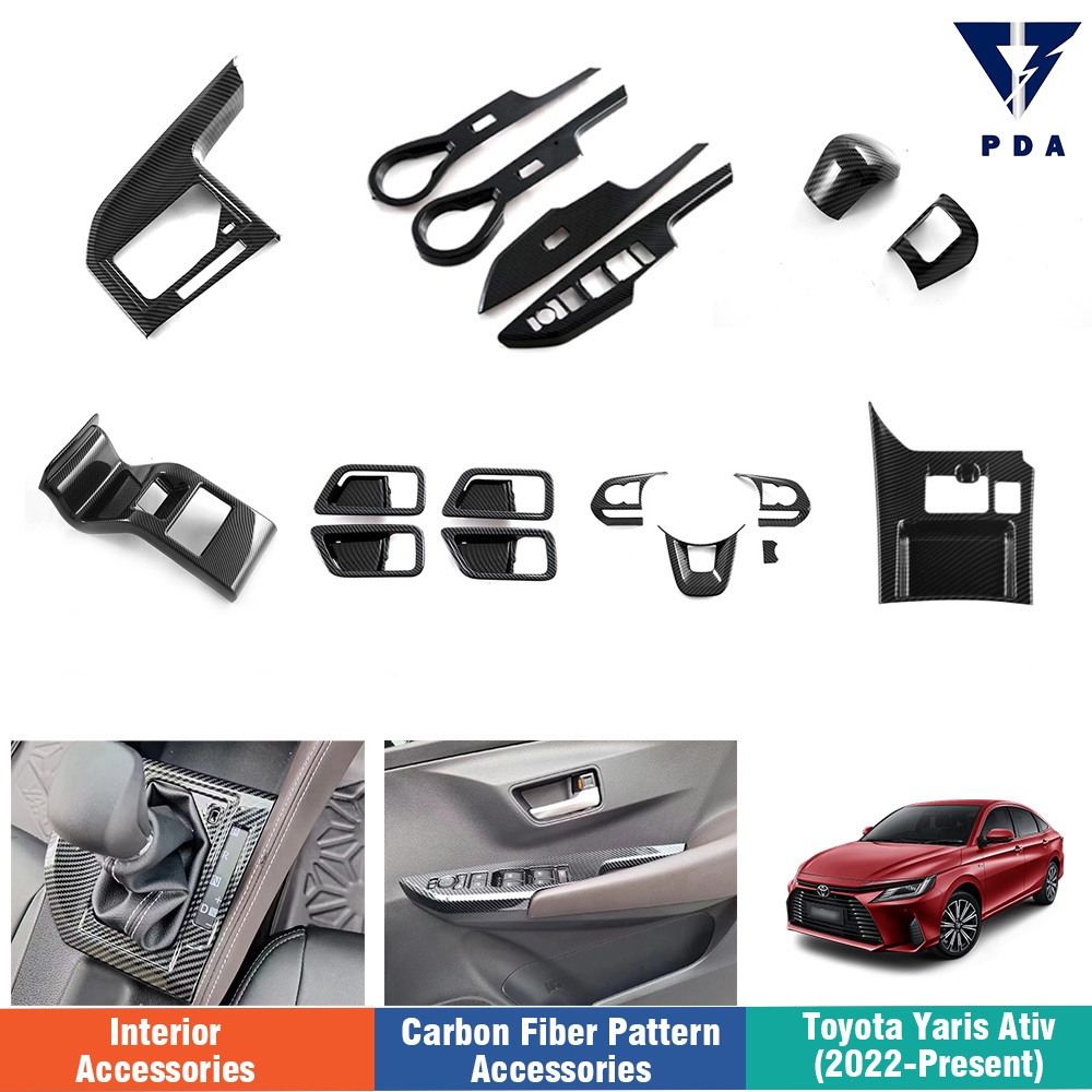 Toyota Yaris Ativ (2022-ปัจจุบัน) พวงมาลัยพิมพ์ลายคาร์บอนไฟเบอร์ ฝาปิดสวิตซ์กระจก อุปกรณ์ตกแต่งภายใน