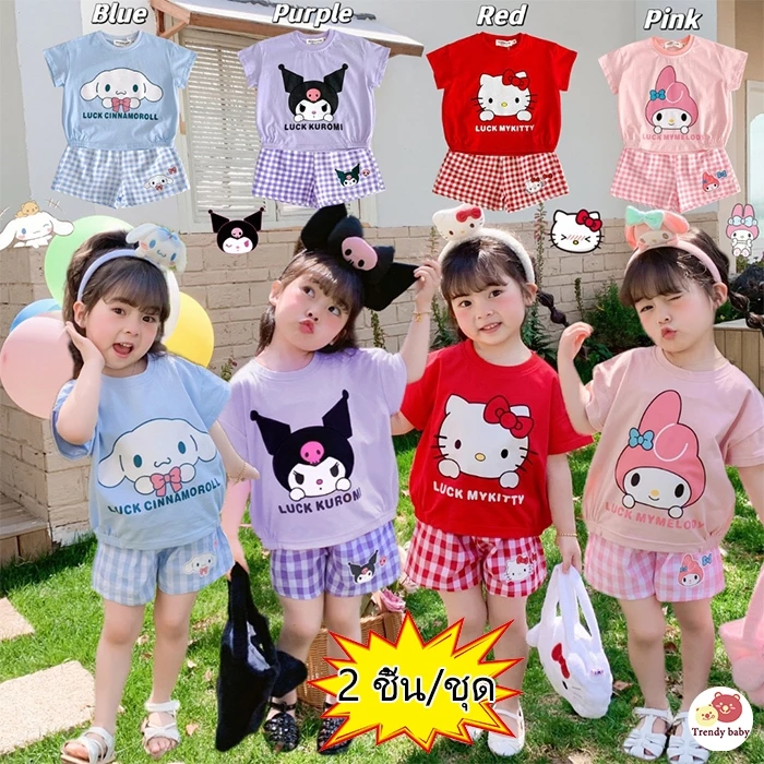 Trendy baby 🌸ชุดเสื้อยืดแขนสั้น กางเกงขาสั้น ลายสก๊อต ลายการ์ตูน สี่สี แฟชั่นฤดูร้อน สําหรับเด็กผู้หญิง