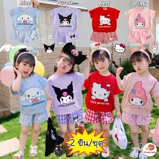 Trendy baby 🌸ชุดเสื้อยืดแขนสั้น กางเกงขาสั้น ลายสก๊อต ลายการ์ตูน สี่สี แฟชั่นฤดูร้อน สําหรับเด็กผู้หญิง