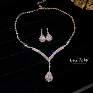 DREJEW สร้อยคอ ต่างหู จี้รูปตัว V ประดับเพชร สองชิ้น หรูหรา แฟชั่น สําหรับผู้หญิงสร้อยคอเงินแท้ต่างหูเงินแท้