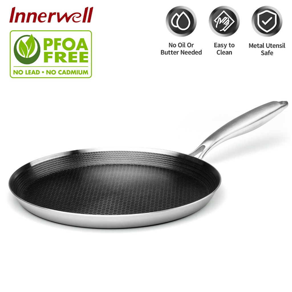 Innerwell Non-Stick Crepe pan Grill/Griddle pan 28CM 430 สแตนเลส Kuali น้ําผึ้งหวีหน้าจอกระทะไม่มีเคลือบกระทะเข้ากันได้กับ All Cooktops