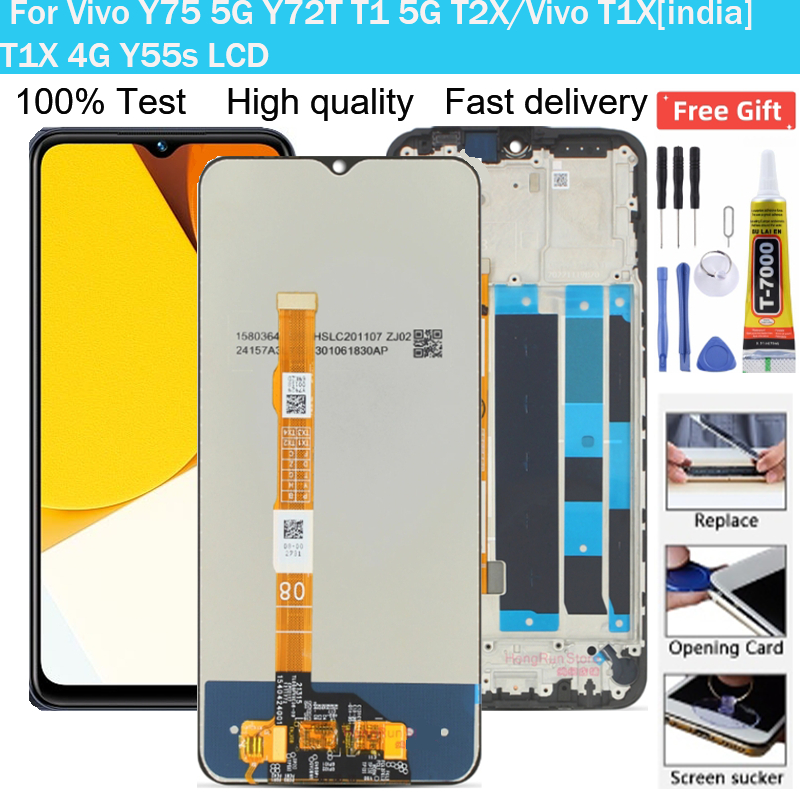 แผงหน้าจอสัมผัสดิจิทัล LCD T1X 4G พร้อมกรอบ สําหรับ Vivo Y55s Y75 5G Y72T T1 5G T2X Vivo T1X