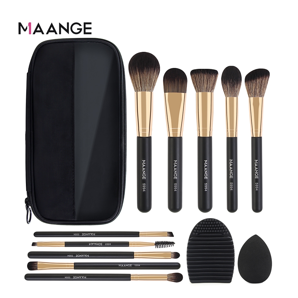 MAANGE ชุดแปรงแต่งหน้ามืออาชีพ สีดํา 10 ชิ้น พร้อมกระเป๋า และฟองน้ําแต่งหน้า 1 ชิ้น