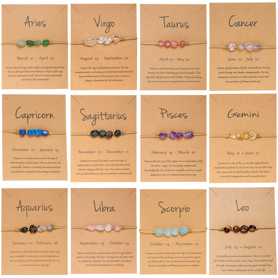 สร้อยข้อมือหินธรรมชาติ 12 กลุ่มดาว แฮนด์เมด ปรับได้ สําหรับผู้หญิง ของขวัญ เครื่องประดับ พร้อมการ์ด