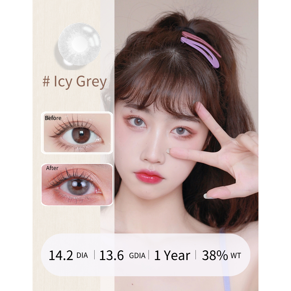 Visual Click คอนแทคเลนส์สีธรรมชาติ ไร้ขอบ สีเทา 0.00 -8.00 องศา 1 คู่【พร้อมของแถม W/O Solution】
