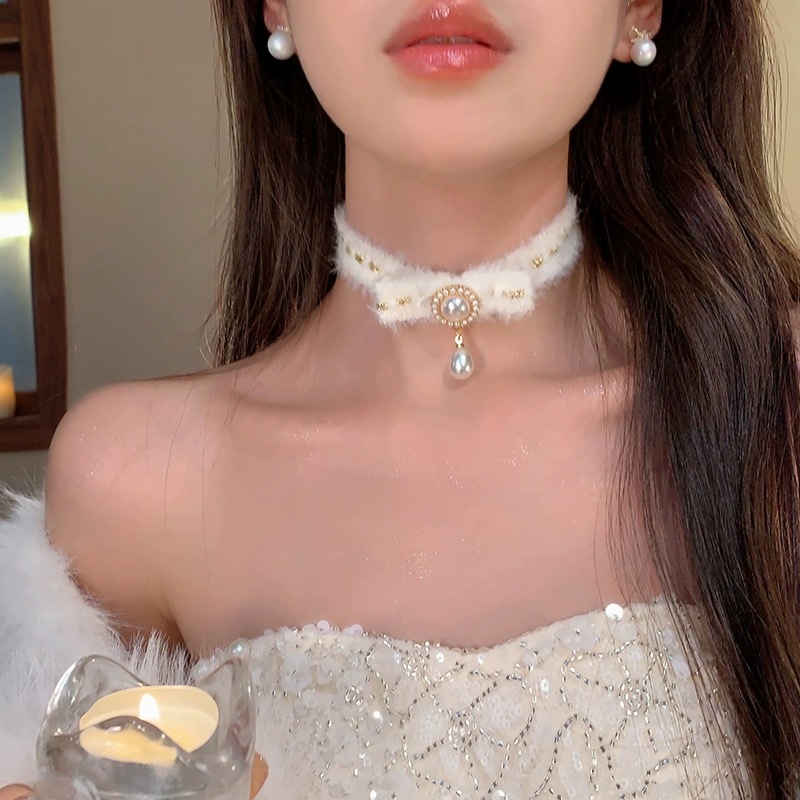 สร้อยคอโชคเกอร์ โซ่สั้น ประดับมุก หรูหรา สไตล์ฝรั่งเศส