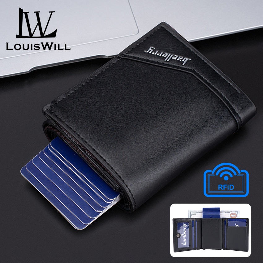 Louiswill กระเป๋าสตางค์ ใบสั้น อลูมิเนียมอัลลอย สามพับ RFID กันแม่เหล็ก ป๊อปอัพ ใส่บัตรได้หลายตําแหน่ง อเนกประสงค์ สําหรับผู้ชาย