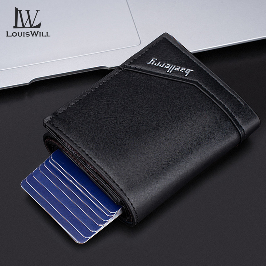 Louiswill กระเป๋าสตางค์ ใบสั้น อลูมิเนียมอัลลอย สามพับ RFID กันแม่เหล็ก ป๊อปอัพ ใส่บัตรได้หลายตําแหน่ง อเนกประสงค์ สําหรับผู้ชาย