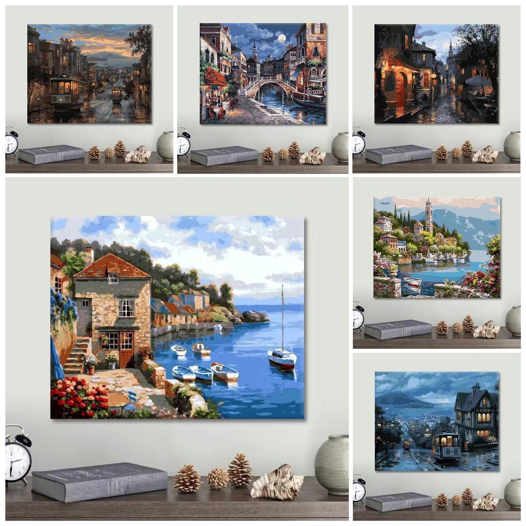 JINYOU(30*40/40*50 ซม.) ระบายสีตามตัวเลข ห้องนอน ภาพติดผนัง สีอะครีลิคระบายสีด้วยมือ มุมมองถนนยุโรป ภาพระบายสีตามตัวเลข ราคา ถูกที่สุด ดีลบีเคเค