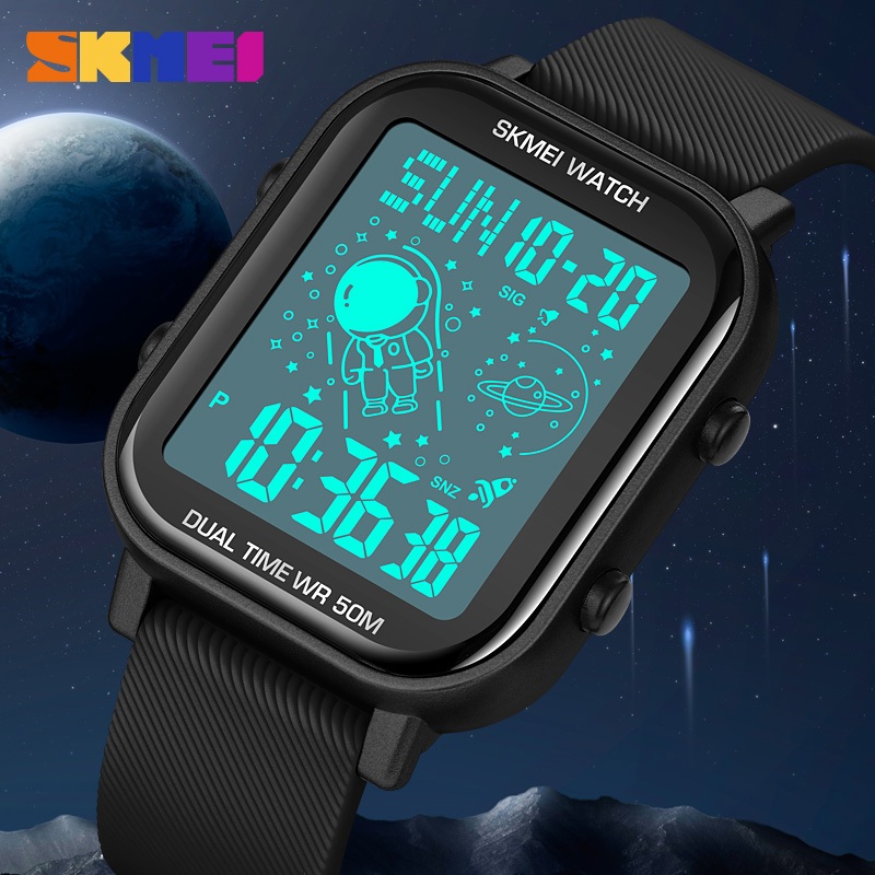 Skmei 1858 นาฬิกาข้อมือดิจิทัล อิเล็กทรอนิกส์ มีไฟ LED นับถอยหลัง 5 บาร์ กันน้ํา แฟชั่นสําหรับผู้ชาย