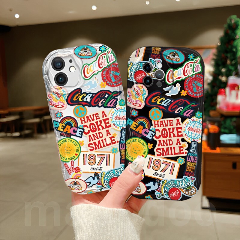 เคส Cartoon for iPhone 16 15 14 Pro Max 13 12 11 ProMax X XS XR 7 8 6 6S Plus SE 2020 Candy Coca Cola Rainbow graffiti label Full Fine hole Wavy Cream Edge Airbag Anti-fall Soft Phone Case Clear Back Cover NY 82