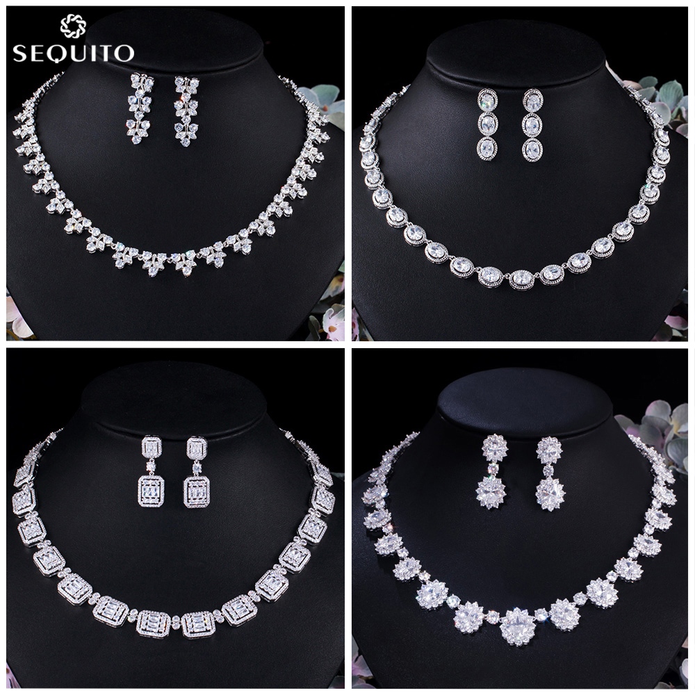 Sequito เจ้าสาวหรูหราทองคําขาวชุดเครื่องประดับ CZ Zirconia คริสตัล Choker สร้อยคอต่างหูผู้หญิงอุปกรณ์จัดงานแต่งงาน JS146
