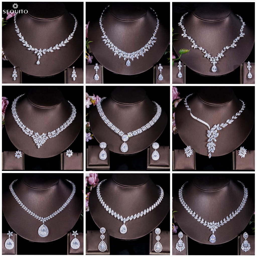SEQUITO งดงาม CZ Zirconia คริสตัลจี้สร้อยคอต่างหูผู้หญิงเจ้าสาวงานแต่งงานทองคําขาวชุดเครื่องประดับ JS147