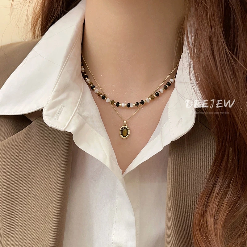 DREJEW สร้อยคอโซ่ ชุบทอง 18K จี้ลูกปัดหินตาเสือ สไตล์เรโทร แฟชั่นสําหรับผู้หญิง