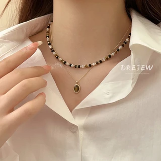 DREJEW สร้อยคอโซ่ ชุบทอง 18K จี้ลูกปัดหินตาเสือ สไตล์เรโทร แฟชั่นสําหรับผู้หญิง