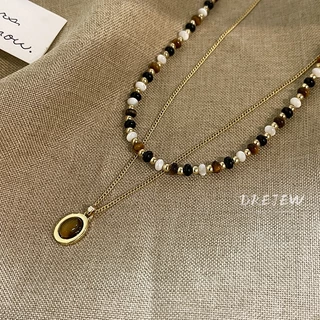 DREJEW สร้อยคอโซ่ ชุบทอง 18K จี้ลูกปัดหินตาเสือ สไตล์เรโทร แฟชั่นสําหรับผู้หญิง