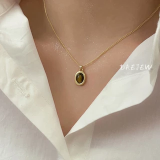 DREJEW สร้อยคอโซ่ ชุบทอง 18K จี้ลูกปัดหินตาเสือ สไตล์เรโทร แฟชั่นสําหรับผู้หญิง