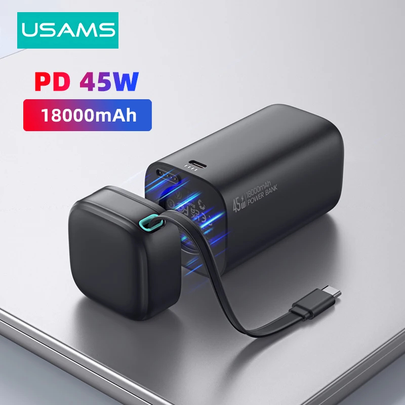 Usams พาวเวอร์แบงค์ Magnetic เอาท์พุทคู่ 45W Type C PD ชาร์จเร็ว 18000mAh พร้อมสายเคเบิล Type C 1phone แบบพกพาชาร์จโทรศัพท์มือถือ