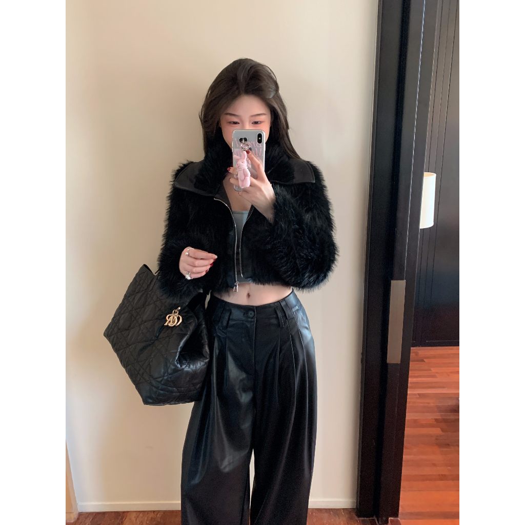 Autumn and Winter Spicy Girl Sweet Cool Short Fashion Top Imitation Fox Fur Combination Fur Coat for Women