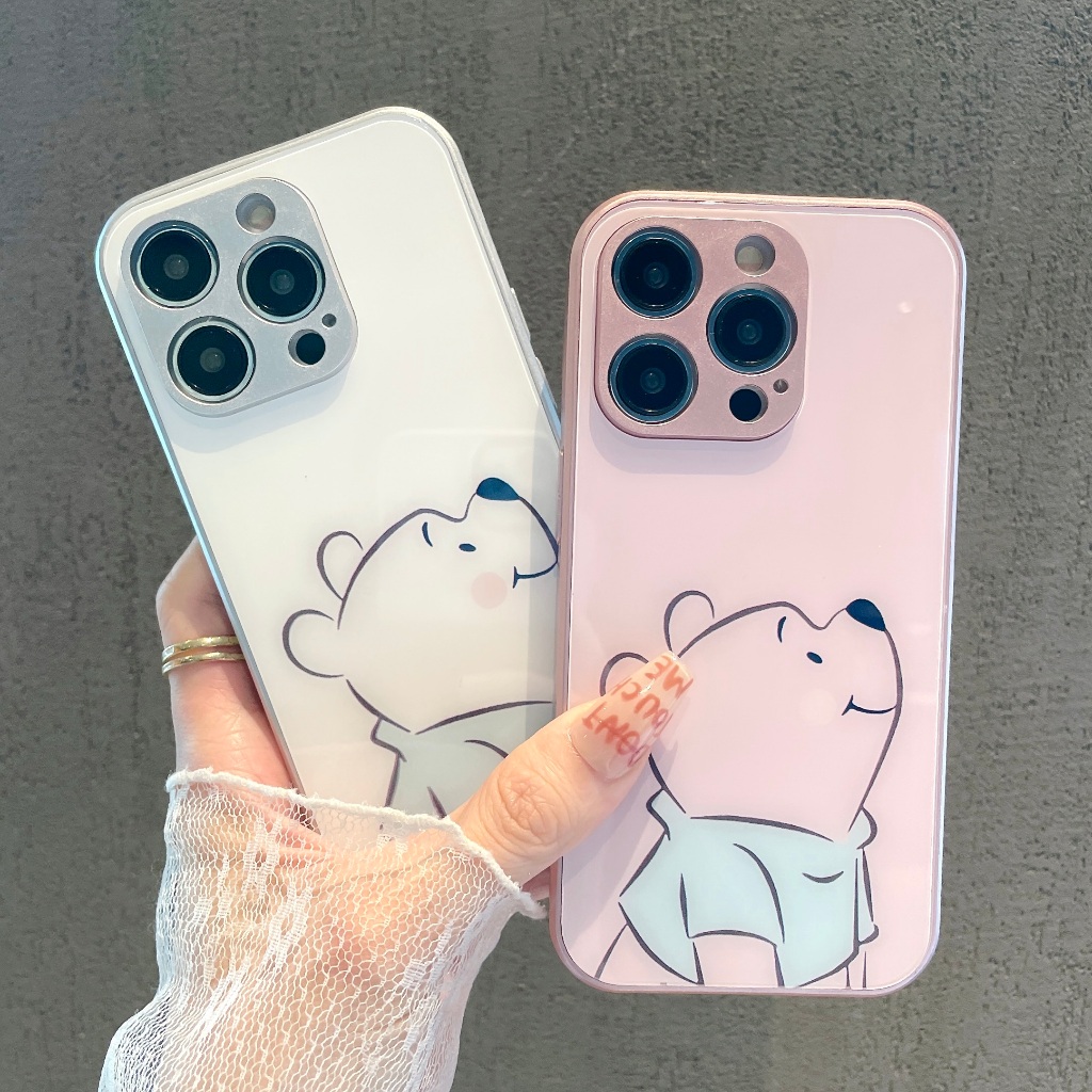 การ์ตูน หมีพูห์น่ารัก เคสกระจกนิรภัย iPhone 16 pro max 16 plus xs max xr 11 12 pro 13 14plus 15 pro max เคส iPhone 7 8 se 13 pro max