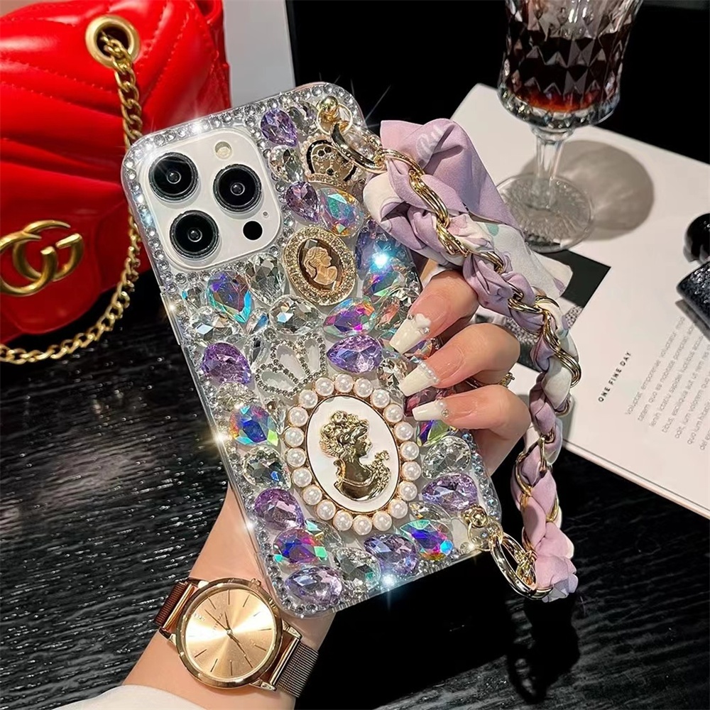 Bling RhinestoneปลอกVivo V40 V30 Pro 5G V30e V29 V27 V25 V29e V27e V25e V23 V23e V21 V21eเคสโทรศัพท์หรูหราเพชรQueen Crown DIY Hard Coverพร้อมสร้อยข้อมือ