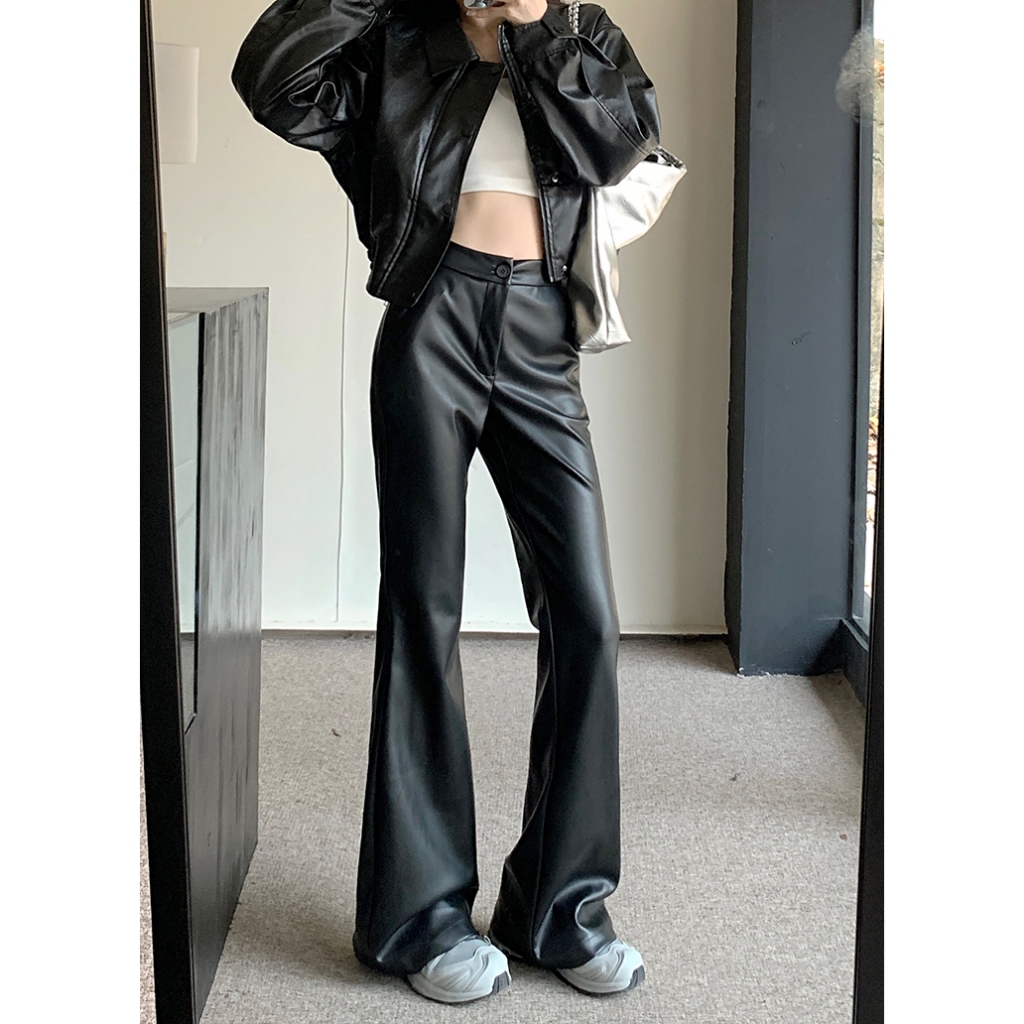 【JMWOMEN】กางเกงขายาวลําลอง หนัง pu เอวสูง ทรงสลิมฟิต สําหรับสตรี