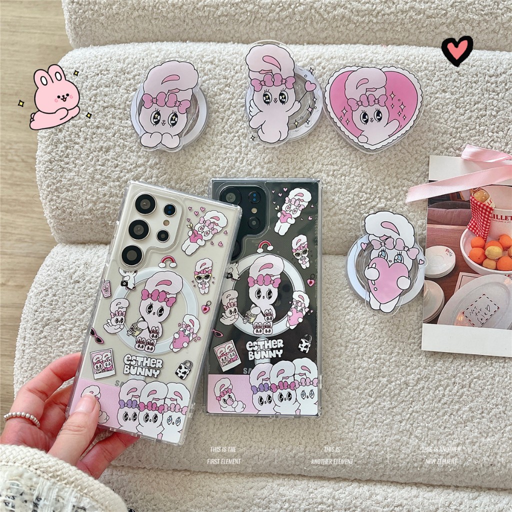 การ์ตูน LOVE กระต่าย Magnetic วงเล็บ ซองโทรศัพท์ Samsung Galaxy S23 Ultra S23 Plus S23FE S22 Ultra S22 Plus S22 Case เคสโทรศัพท์ใหม่ ความโปร่งใส แผ่นหลังอะคริลิค ขอบซิลิโคนป้องกันการตก เคสมือถือซัมซุง