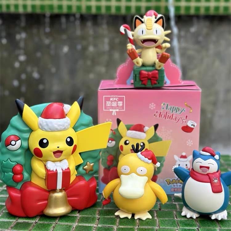 2023KFC Christmas Pokemon 4 ชิ้น, กระจก Pikachu Light, psyduck,Snorlax, Meowth, KFC Christmas ของเล่