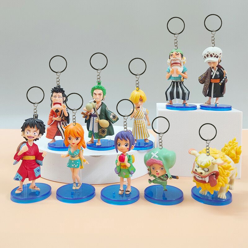 พวงกุญแจฟิกเกอร์ PVC อนิเมะ One Piece Kimono Luffy Zoro Chopper Nami Water Law Usopp Sanji Richie Q Version ของเล่นสําหรับเด็ก 10 ชิ้น ต่อชุด