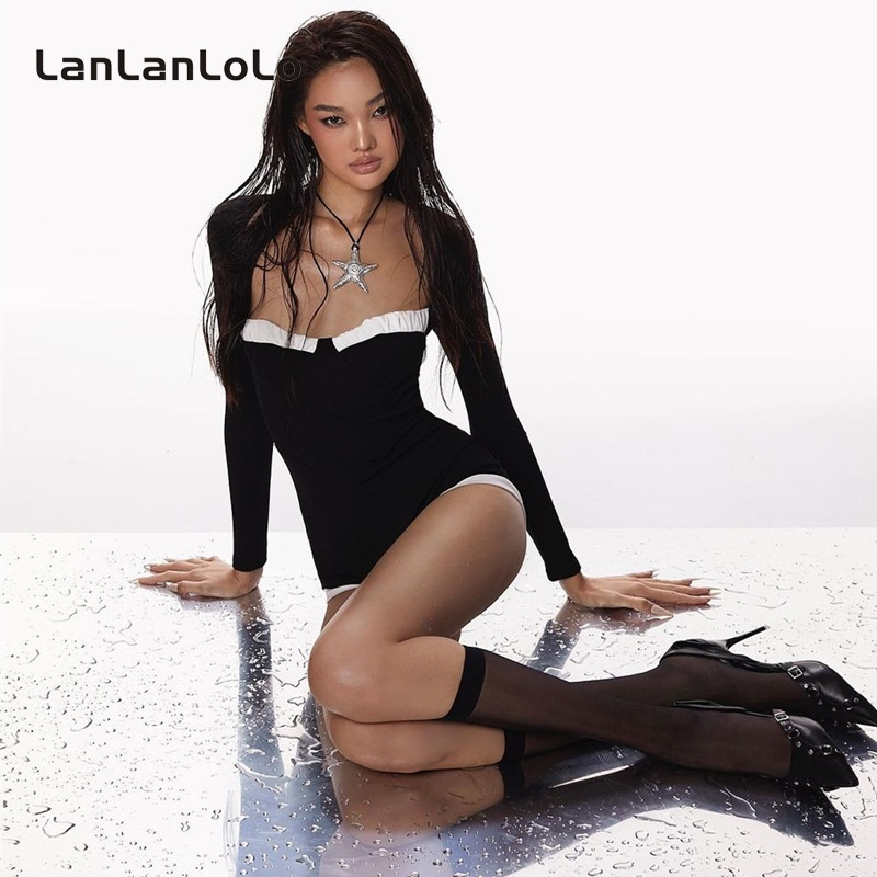 Lanlanlolo ชุดเพลย์สูทลําลอง แขนยาว คอสี่เหลี่ยม เข้ารูป สีตัดกัน แฟชั่นเรียบง่าย สําหรับสตรี 2023