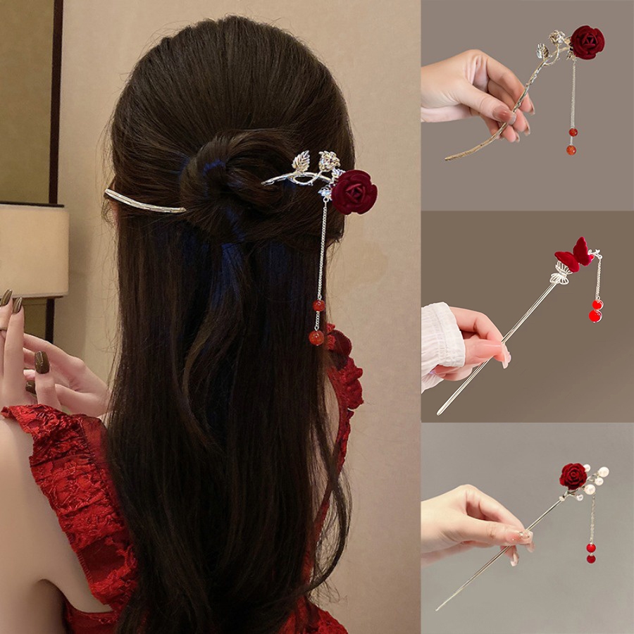 Retro Rose ดอกไม้พู่ Hairpin โลหะลูกปัดมุกโซ่ผม Stick ผู้หญิงอุปกรณ์เสริมผม