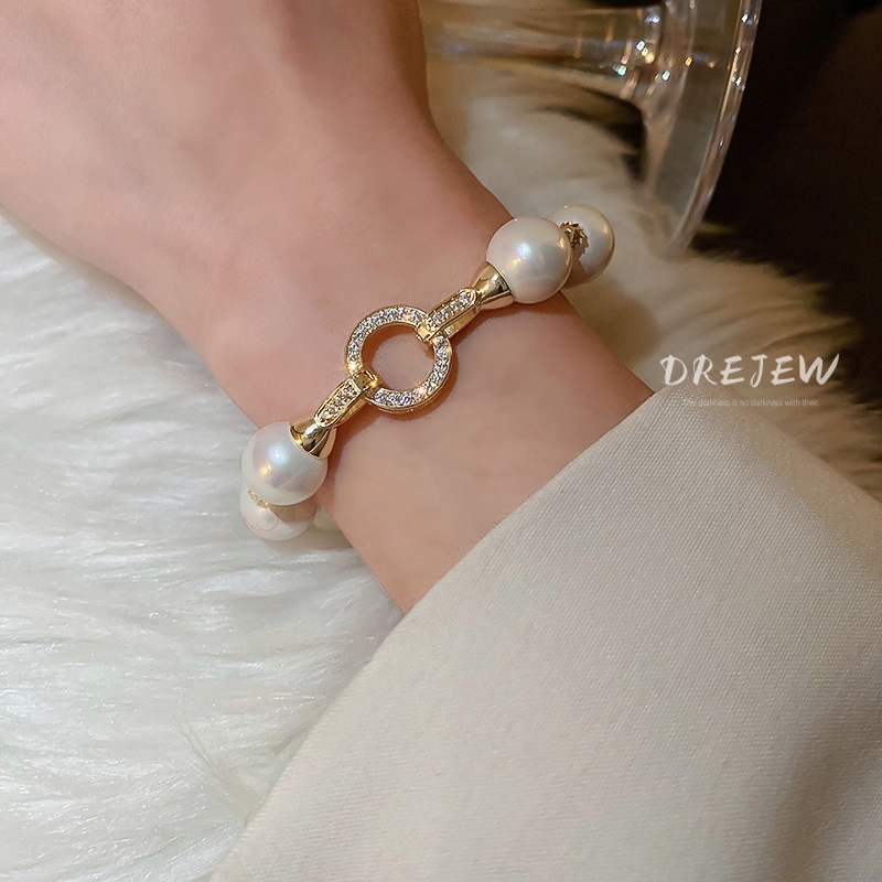 DREJEW สร้อยข้อมือ ประดับมุก เพทาย ทอง 18K สไตล์เกาหลี หรูหรา เครื่องประดับแฟชั่น สําหรับผู้หญิง