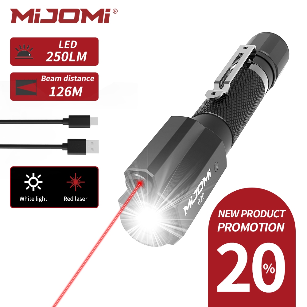 Mijomi ไฟฉาย LED B20 แหล่งกําเนิดแสงคู่ 250LM ปากกาเลเซอร์ กันน้ํา IP54 แบตเตอรี่ 14500 Type-C ไฟฉายแบบชาร์จไฟได้