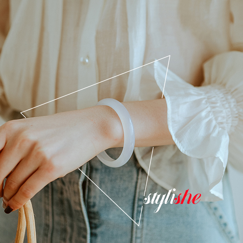 สร้อยข้อมือหยกเทียม หนา 12 8 4 มม. สีขาว สไตล์จีน เครื่องประดับแฟชั่น สําหรับผู้หญิง