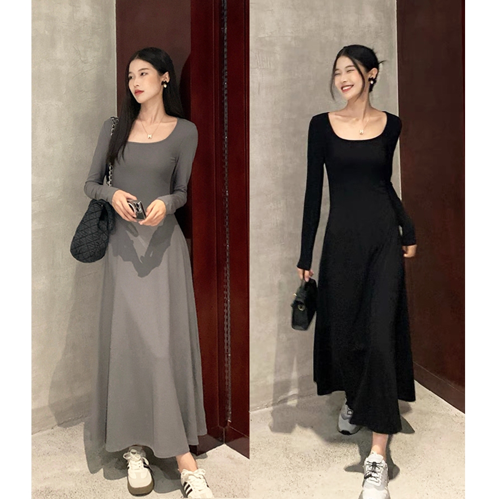 Luna shop🌝กระโปรงยาว🚚ผู้หญิงสีดำแขนยาวคอกลมกระโปรง สไตล์เกาหลีดูผอมและมีอารมณ์