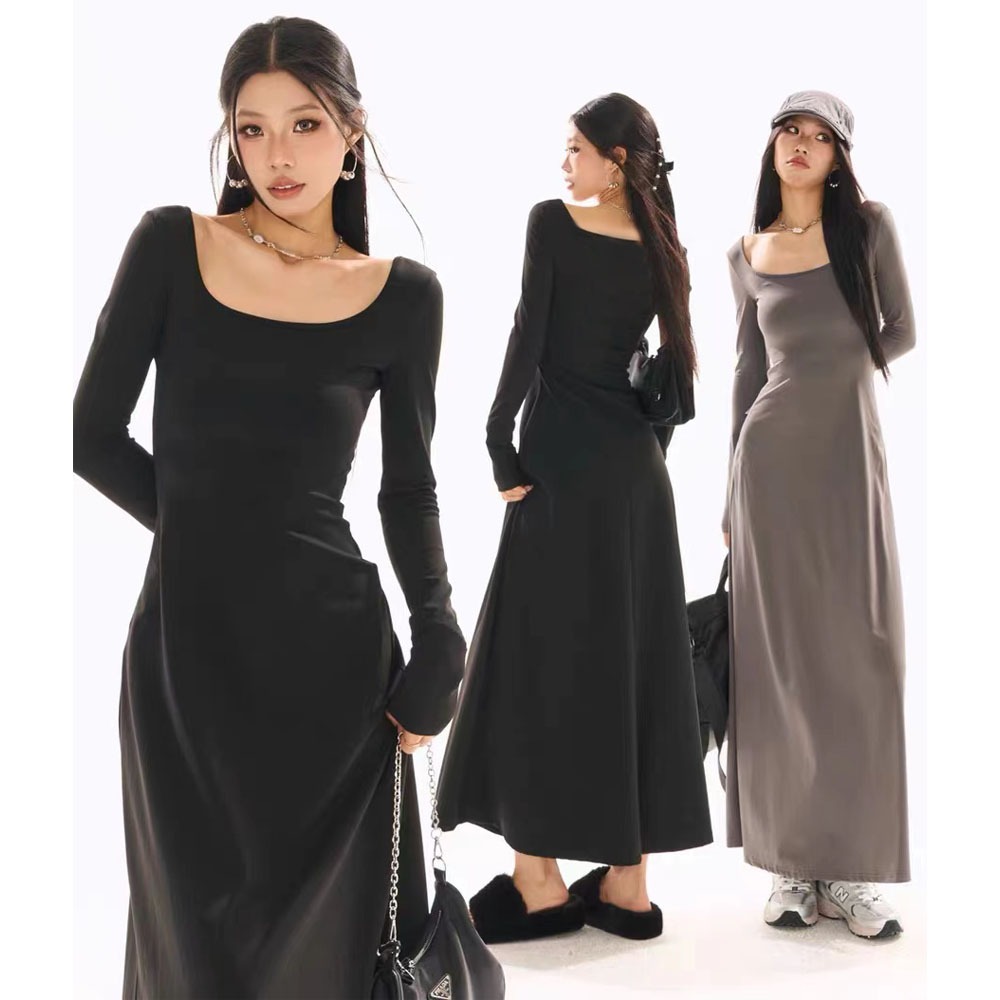 Hotgirl พร้อมส่งจากกทม ชุดเดรสยาวสีดำของผู้หญิง สไตล์เฮปเบิร์น ชุดเดรสสีดำเซ็กซี่สไตล์เกาหลี แฟชั่นย้อนยุค