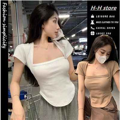 【WJZ】เสื้อยืดแขนสั้นสีทึบคอสี่เหลี่ยมแฟชั่นสตรีแฟชั่นเกาหลี【6784】
