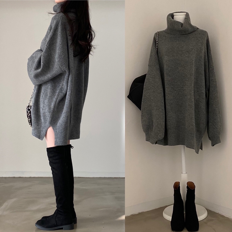 [Love laugher gir]  ชุดเดรสกันหนาว คอเต่า ความยาวปานกลาง แบบสวมหัว ให้ความอบอุ่น สไตล์เกาหลี ขนาดใหญ่