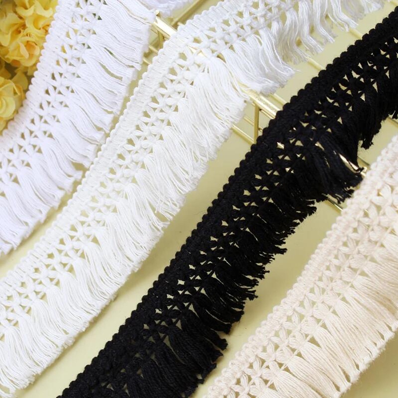 ผ้าฝ้าย 5 หลา สีเบจ ขาว ดํา พู่ ลูกไม้ ขอบผ้า สําหรับเย็บผ้า งานฝีมือ DIY กว้าง 4 ซม.