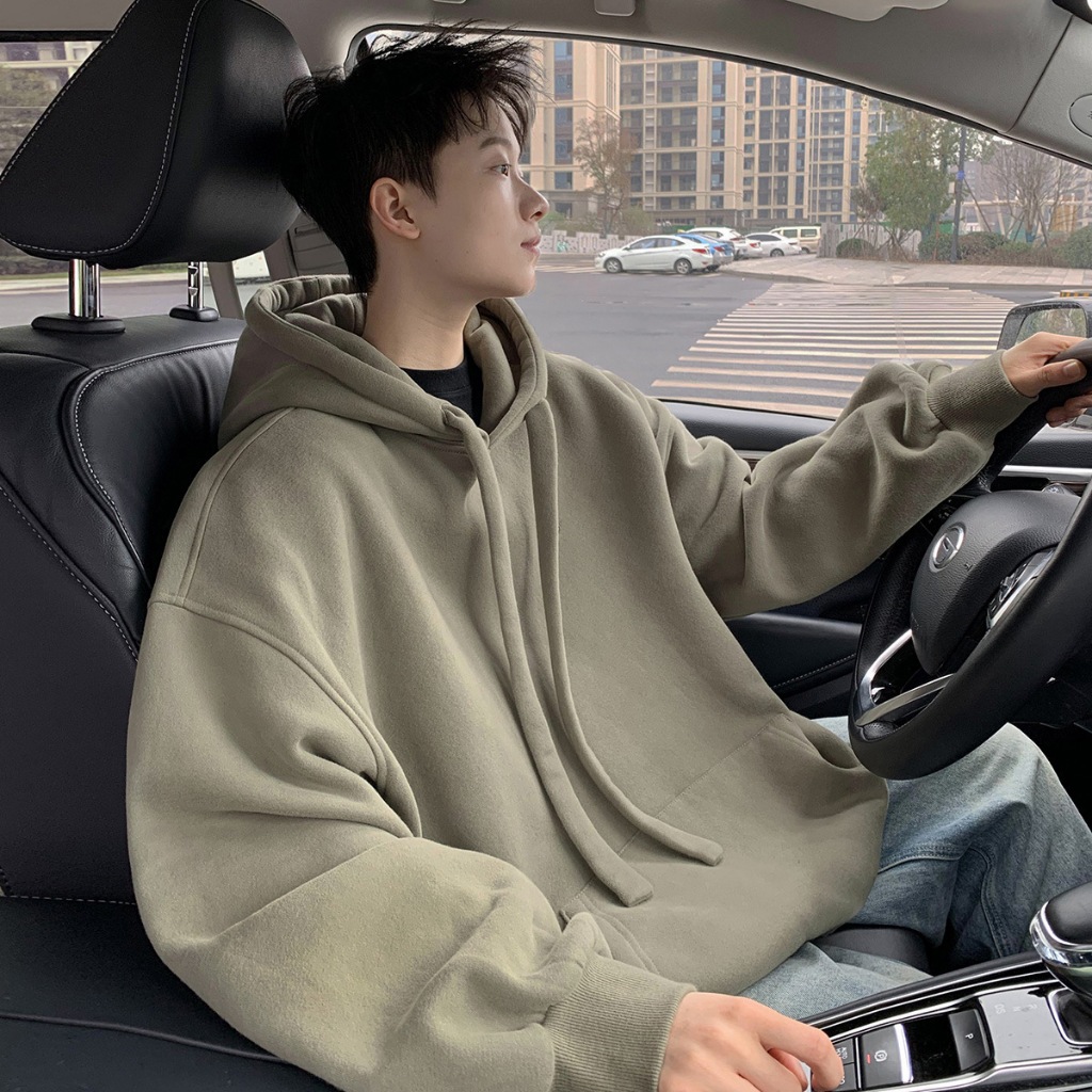 เสื้อกันหนาวมีฮู้ดผู้ชาย สีทึบ เสื้อเชิ้ตแขนยาว หลวม 2024 แฟชั่น ไม่จำกัดเพศ