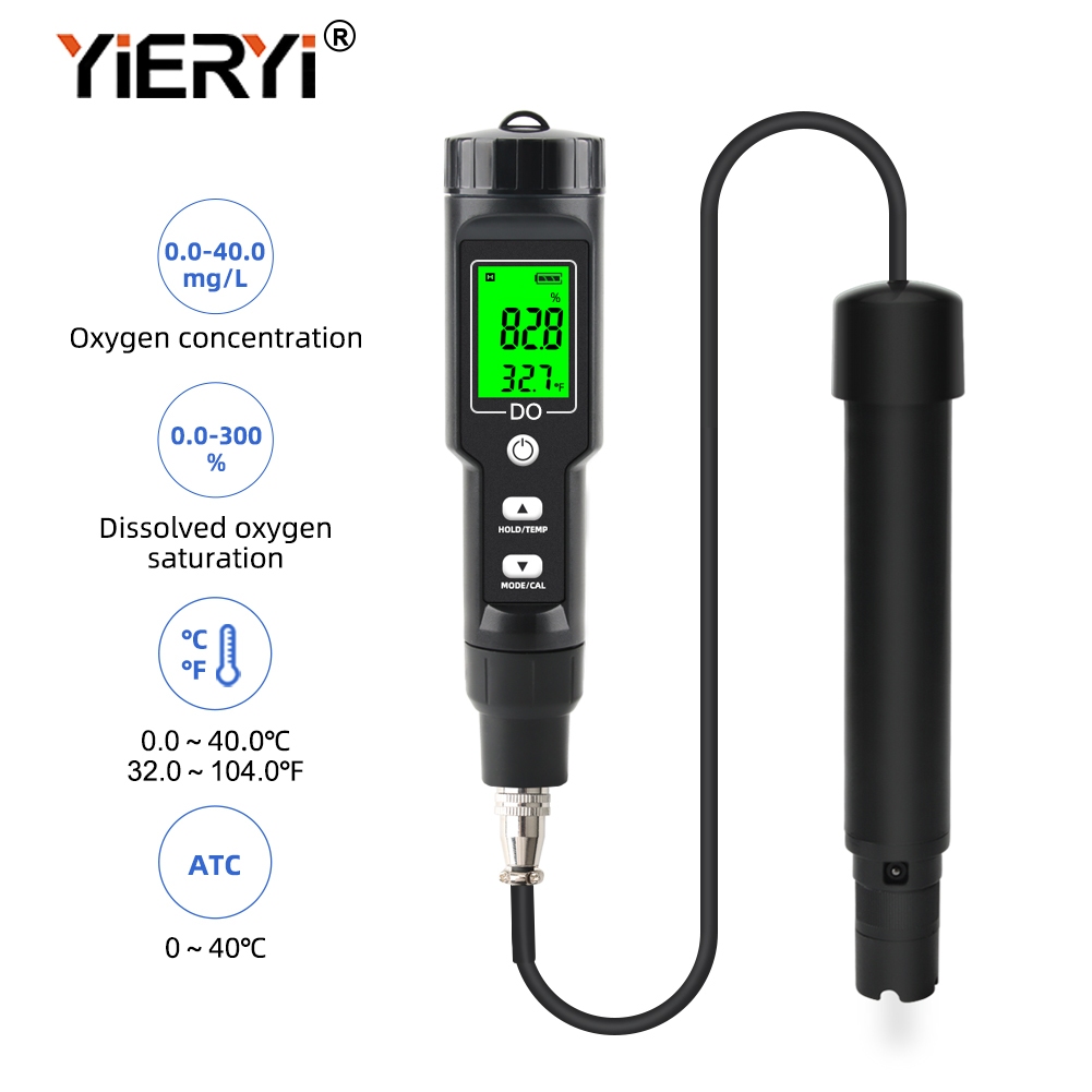 YIERI ละลายออกซิเจนเมตร DO เครื่องทดสอบ 0.0-300.0 มก./L 0.0-300.0% พร้อม ATC Backlight จอแสดงผลที่ถอดออกได้ Probe สําหรับ Aquaculture ห้องปฏิบัติการ Aquarium