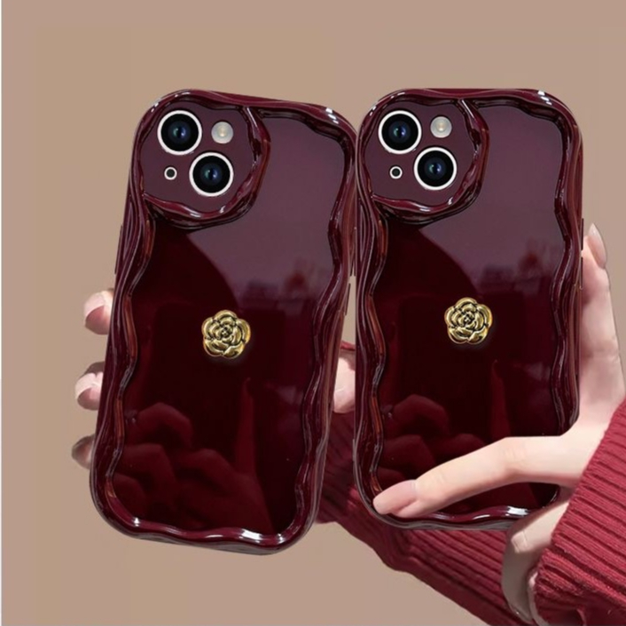 3d โลหะ Camellia ดอกไม้ไวน์แดงครีมขอบนุ่ม tpu เคสโทรศัพท์สําหรับ Iphone 16promax 15promax 15plus 14 13pro max 12 11 Pro max xsmax XR X XS 7 8PLUS