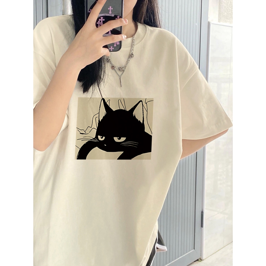 Nuziro เสื้อยืด oversize - วินเทจน่ารักแมวสีดำพิมพ์เสื้อยืดแขนสั้นผู้หญิง #0791